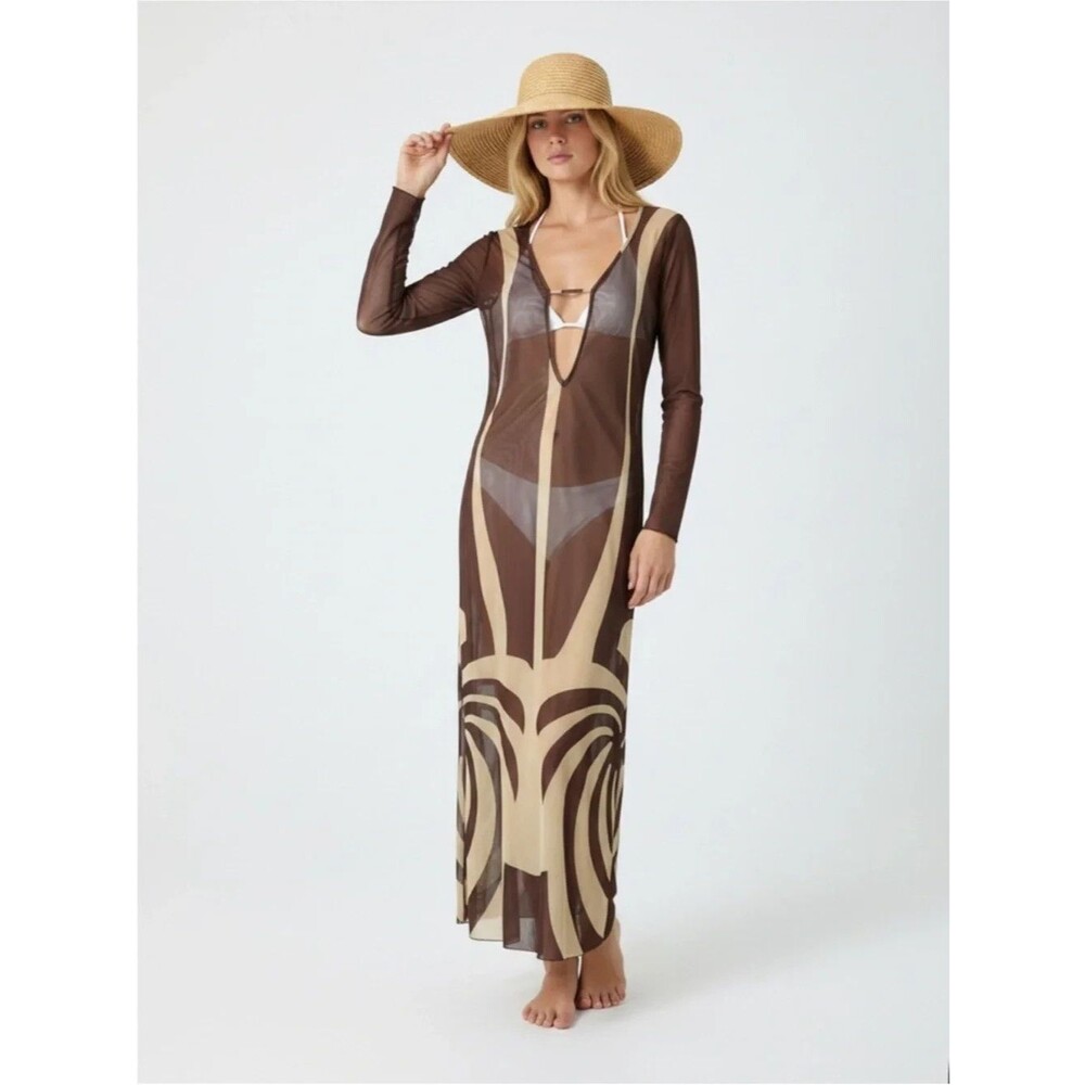 Caroline Constas womens Brown Latte Wave Sheer Long Cover Up Dress size Medium